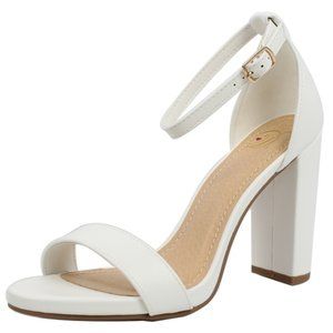 White Open Toe Ankle Strap Block Heel